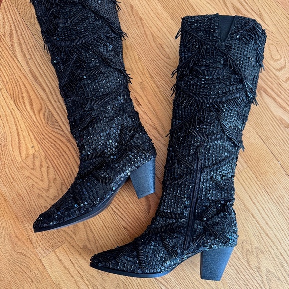 FREE PEOPLE DISCO PARTY Black Beads And Sequins Stacked Heel Boots - 9 US/39 EU - Picture 1 of 7